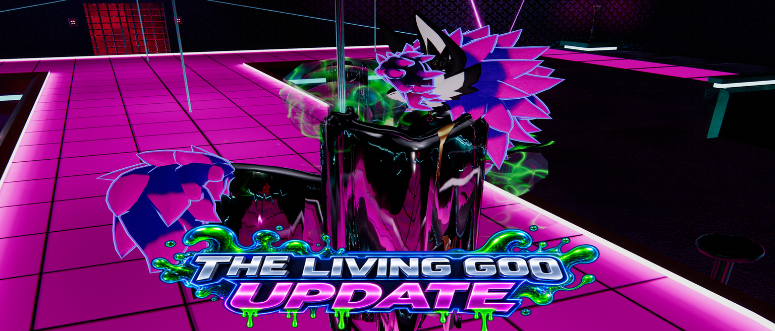 The Living Goo Update banner from VixForge Interactive: an avatar coated in glossy black goo with green energy trails, standing in a neon pink VRChat club.