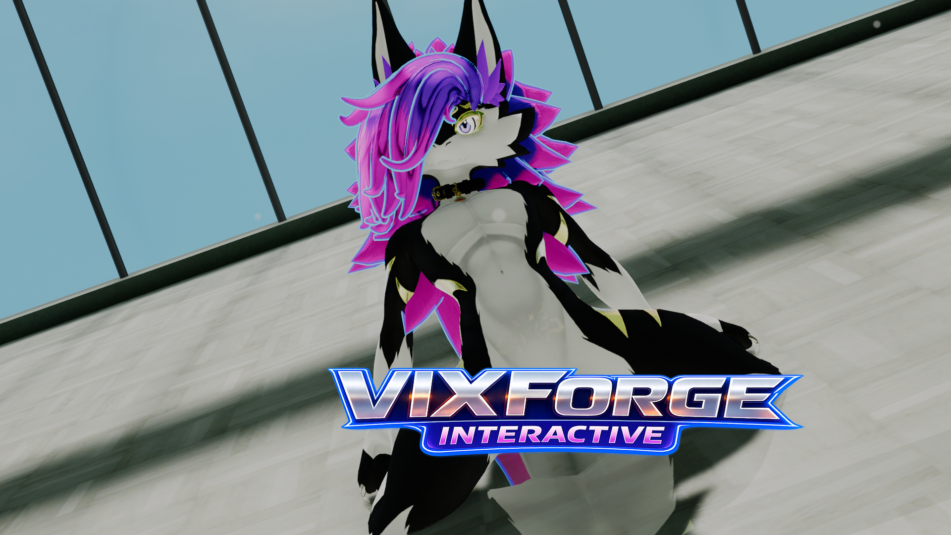 Built From What You Turn On banner from VixForge Interactive: a glossy black and white VRChat avatar with magenta and purple hair and a spiked ruff, looking down at the camera against a pale blue sky and a glass tower.